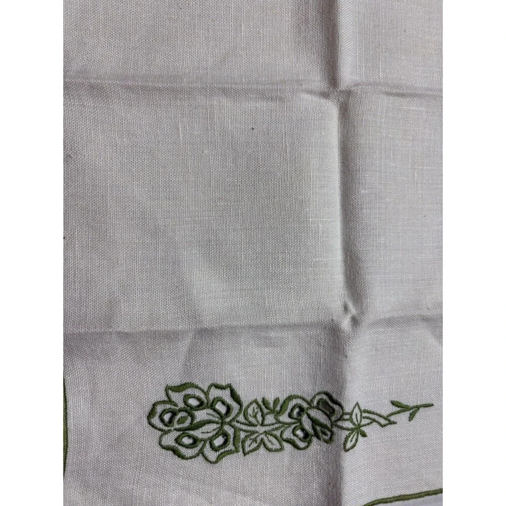 Vintage Linen Napkins Set of 6 Ivory Green Embroidered Roses Floral 12x17